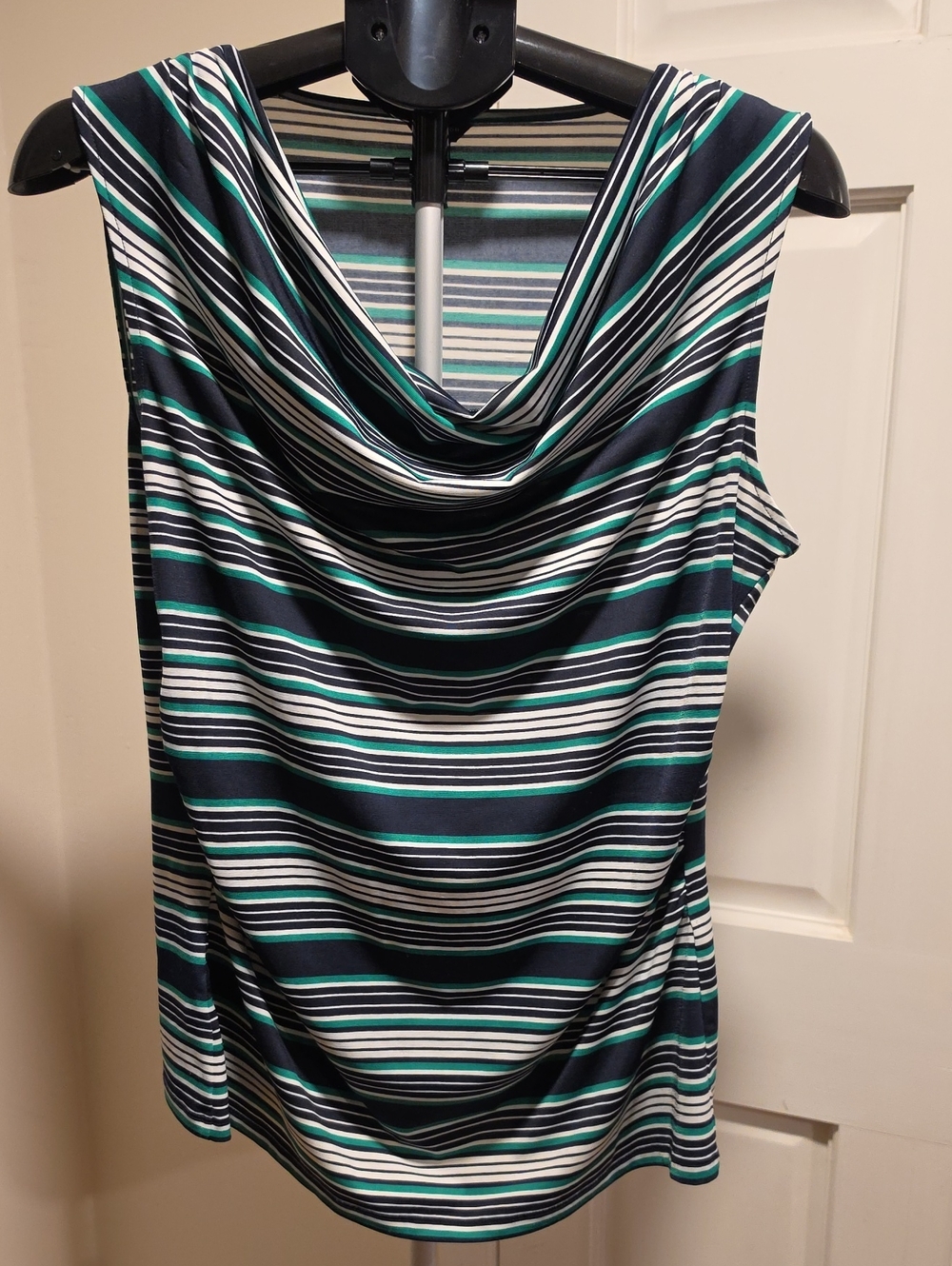Ann Taylor Sleeveless Striped Cowl Neck Top - Navy, White & Teal